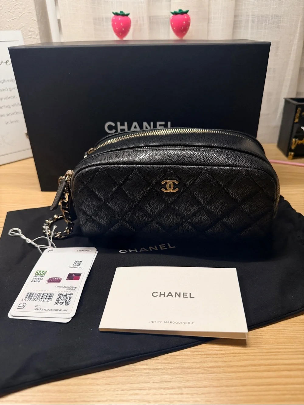 Chanel Black Quilted Caviar Toiletry Case With Chain